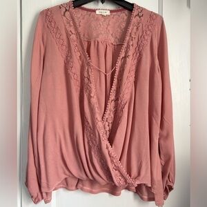 Taylor & Sage Elegant Pull On Lace Trim Cross Wrap Long Sleeves Blouse, Sz: XL
